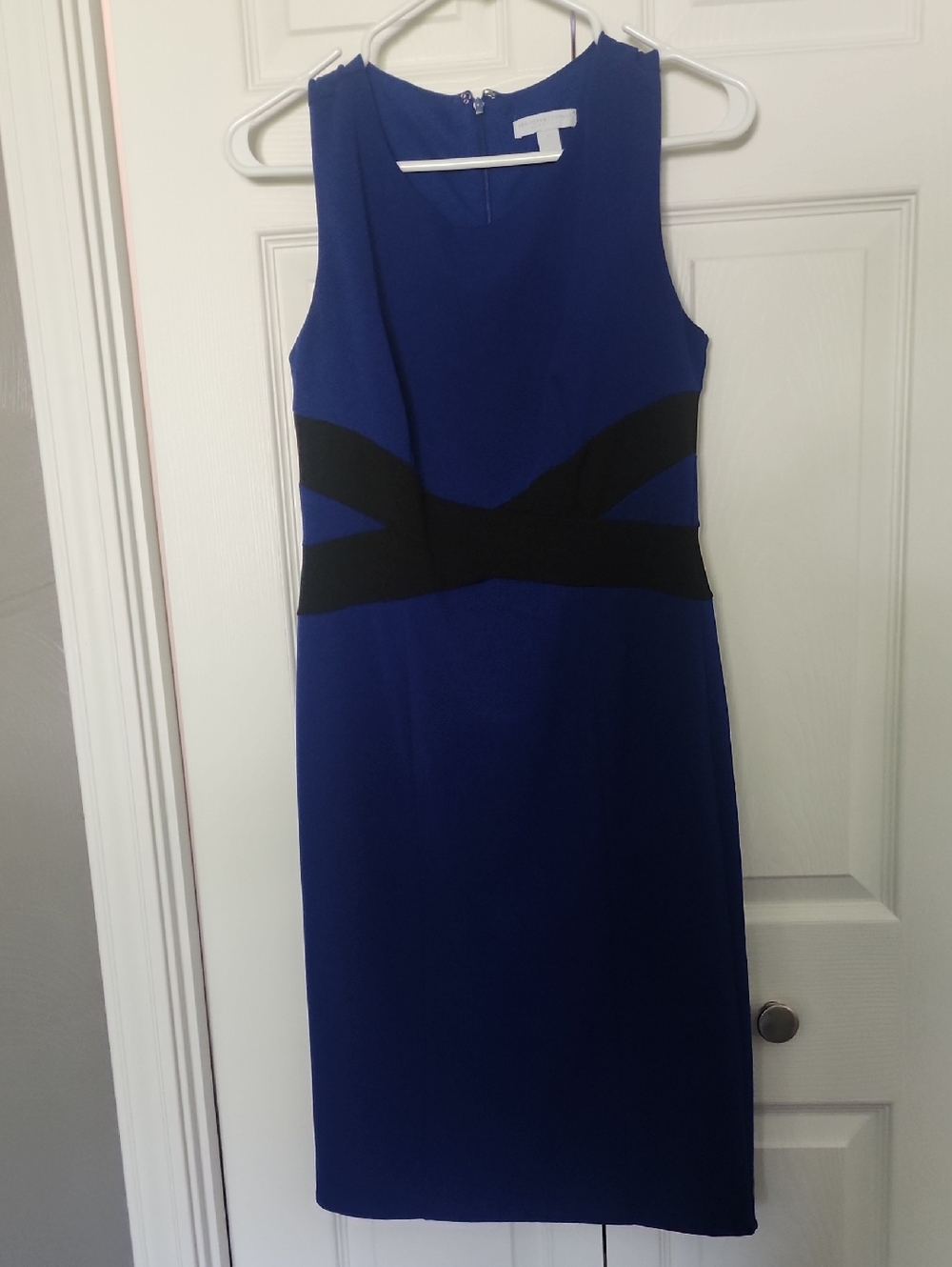 New York & Company Royal Blue Midi Dress with Black Waist Detail